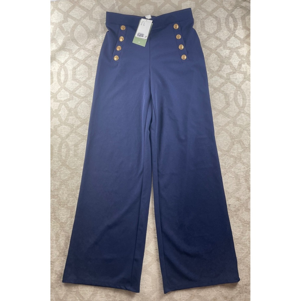 H&M Sailor Wide Leg Pants Women Small Navy Blue NWT Gold Button High Rise Crepe